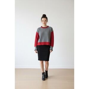 Listicle Colorblock Red Gray Knit Sweater Crew Neck Long Sleeve Women Size S